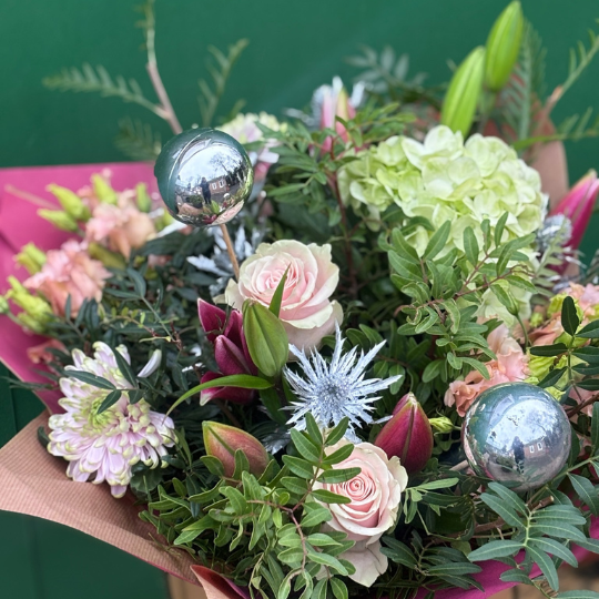 Pink Festive bouquet with sliver touches available for delivery before Christmas